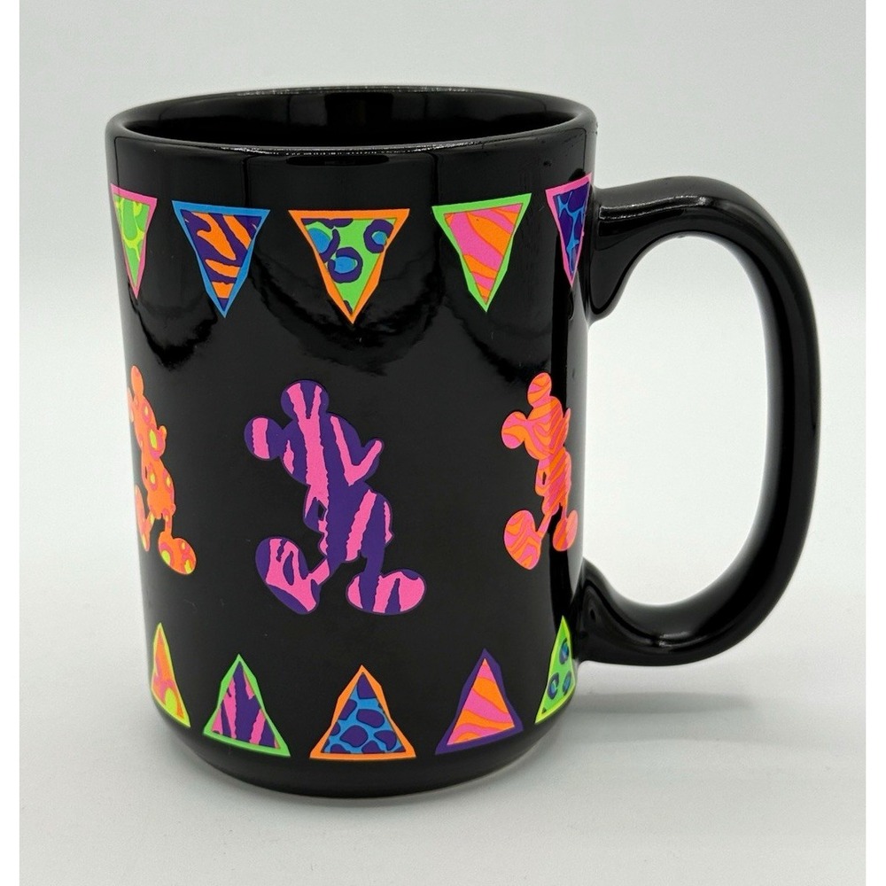 Disney Parks Mickey Mouse Black Mug Neon Geometric Triangle Pattern